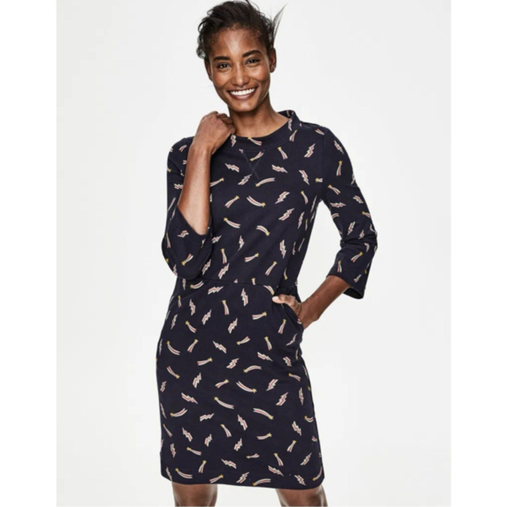 Boden 6 Navy Shooting Star Print Livia Knit Sweatshirt Shift Dress 3/4‎ Sleeve